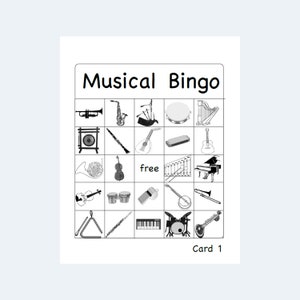May include: Black and white Musical Bingo card featuring illustrations of various musical instruments, including a trumpet, saxophone, and drums. The card has the title "Musical Bingo" at the top and "Card 1" at the bottom.