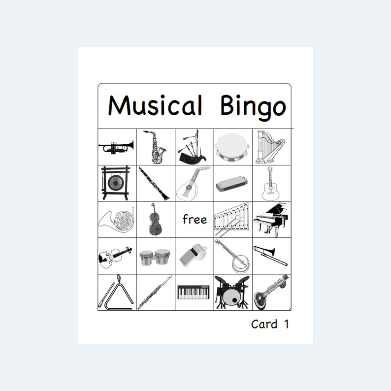 May include: Black and white Musical Bingo card featuring illustrations of various musical instruments, including a trumpet, saxophone, and drums. The card has the title "Musical Bingo" at the top and "Card 1" at the bottom.