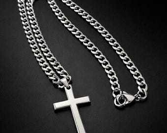 Men’s Cuban Link Cross Necklace – Stainless Steel Faith Pendant Waterproof Jewelry