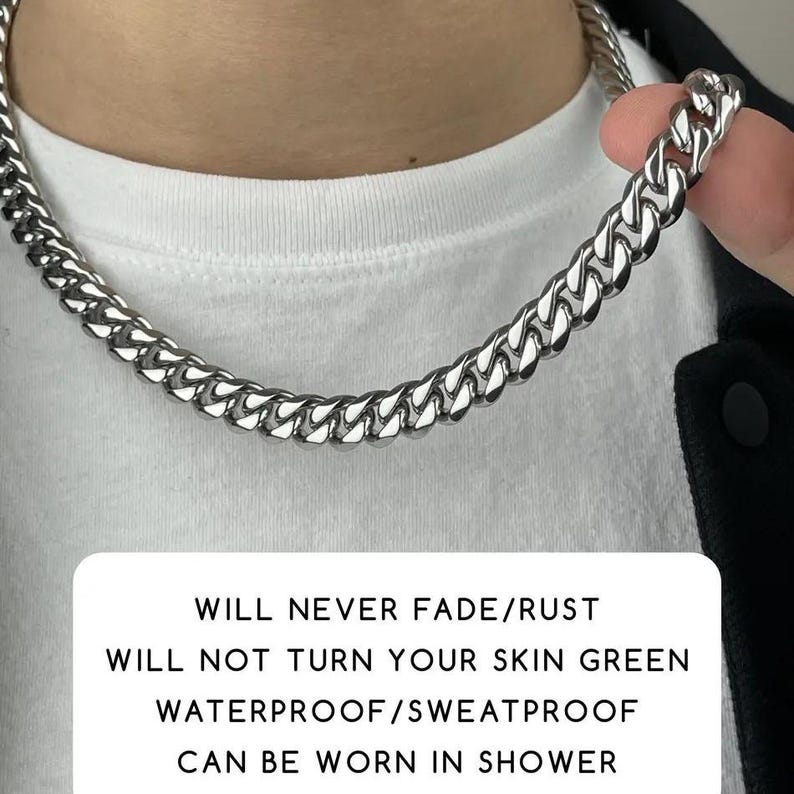 Will never fade/rust. Will not turn your skin green. Waterproof/sweatproof. Can be worn in shower
