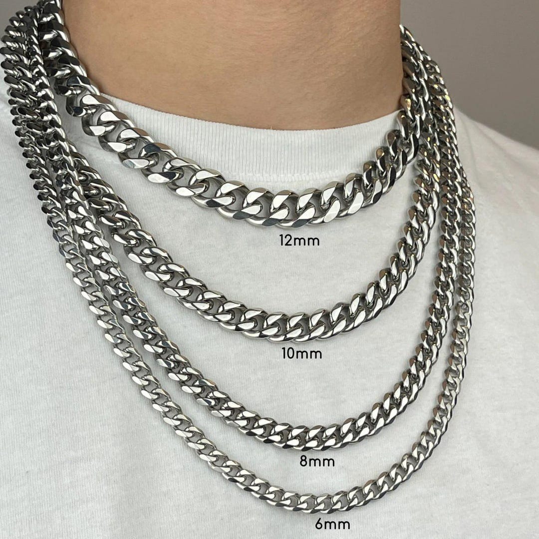 High Polished Cuban Link Necklace for Men, Stainless Steel Chain Necklace, Silver Cuban Li