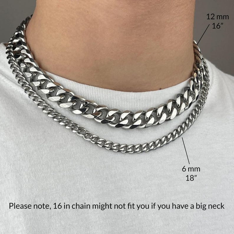 High Polished Cuban Link Necklace for Men. 12mm 16 inch and 6mm 18 inch