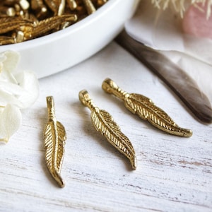 30mm Indian Brass Bird Feather Pendant, Gold Feather Charm, for Macrame Jewelry Making, Antique Tribal Pendant, Boho Charm, Ethnic Charm