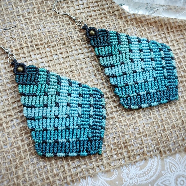 Large Blue Macrame Earrings • Fading blue and green Color • Lightweight Earrings • Earrings to wear neck • Teal Earrings • Boho Gift for her