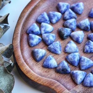 Peut inclure: Des pierres précieuses triangulaires en sodalite bleue avec des marbrures blanches, disposées sur un plateau en bois. Les pierres polies ont un aspect naturel et moucheté. Le plateau est rond avec un grain de bois foncé.