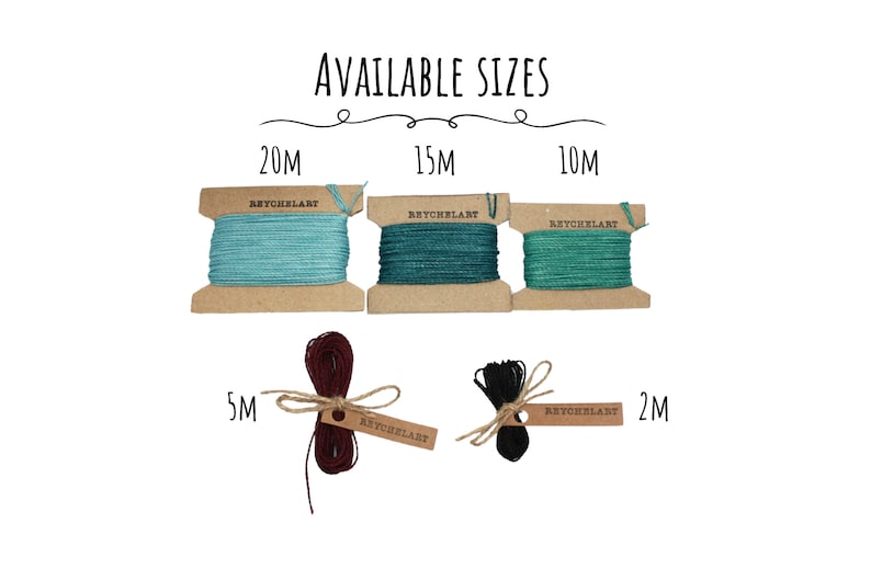 May include: Available sizes of waxed cotton cord in various colors, including teal, green, burgundy, and black. The cord is wound on spools with labels that say "REYCHeLART" and the length in meters: 20M, 15M, 10M, 5M, and 2M.