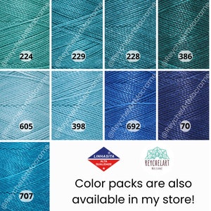 May include: A collection of eight spools of cotton cord in shades of blue and green. The spools are labeled with numbers: 224, 229, 228, 386, 605, 398, 692, and 70. The text "Color packs are also available in my store!" is printed below the spools.