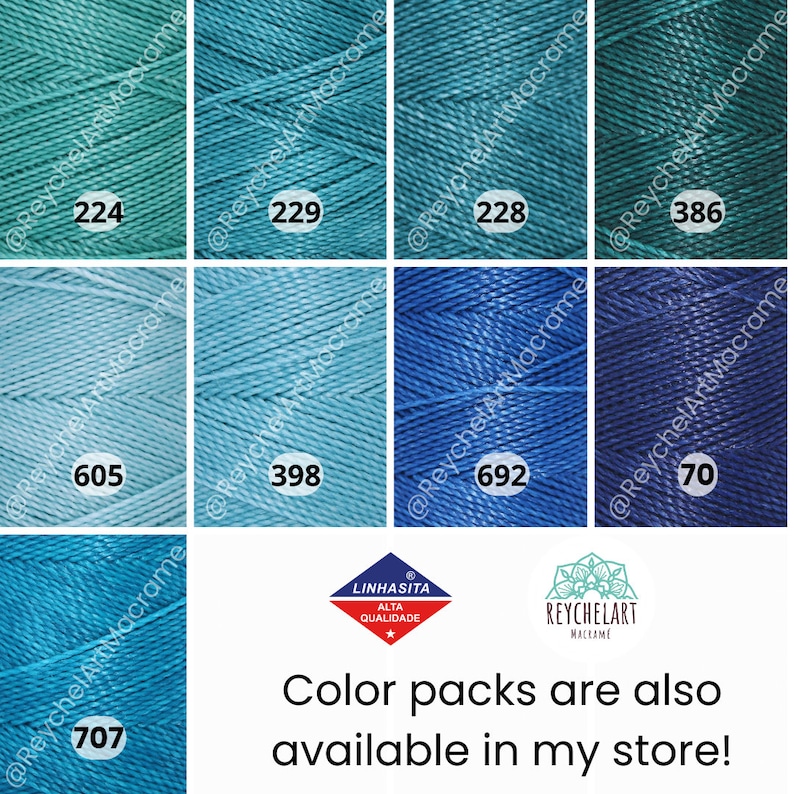 May include: A collection of eight spools of cotton cord in shades of blue and green. The spools are labeled with numbers: 224, 229, 228, 386, 605, 398, 692, and 70. The text "Color packs are also available in my store!" is printed below the spools.