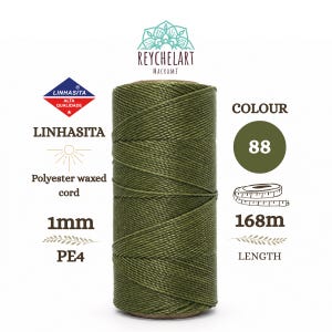 168m Linhasita Waxed Thread 1mm Forest Green, Macram Thread, Waxed Polyester Cord, Green Knoting Yarn, bracelet thread, Waxed Cord PE4-88