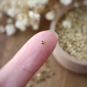 Peut inclure: Un petit élément de bijouterie de couleur or, probablement un anneau de saut ou une perle, est tenu sur un doigt. Le petit objet circulaire a un trou au centre. L'arrière-plan est flou, avec un bol en bois et des graines visibles.