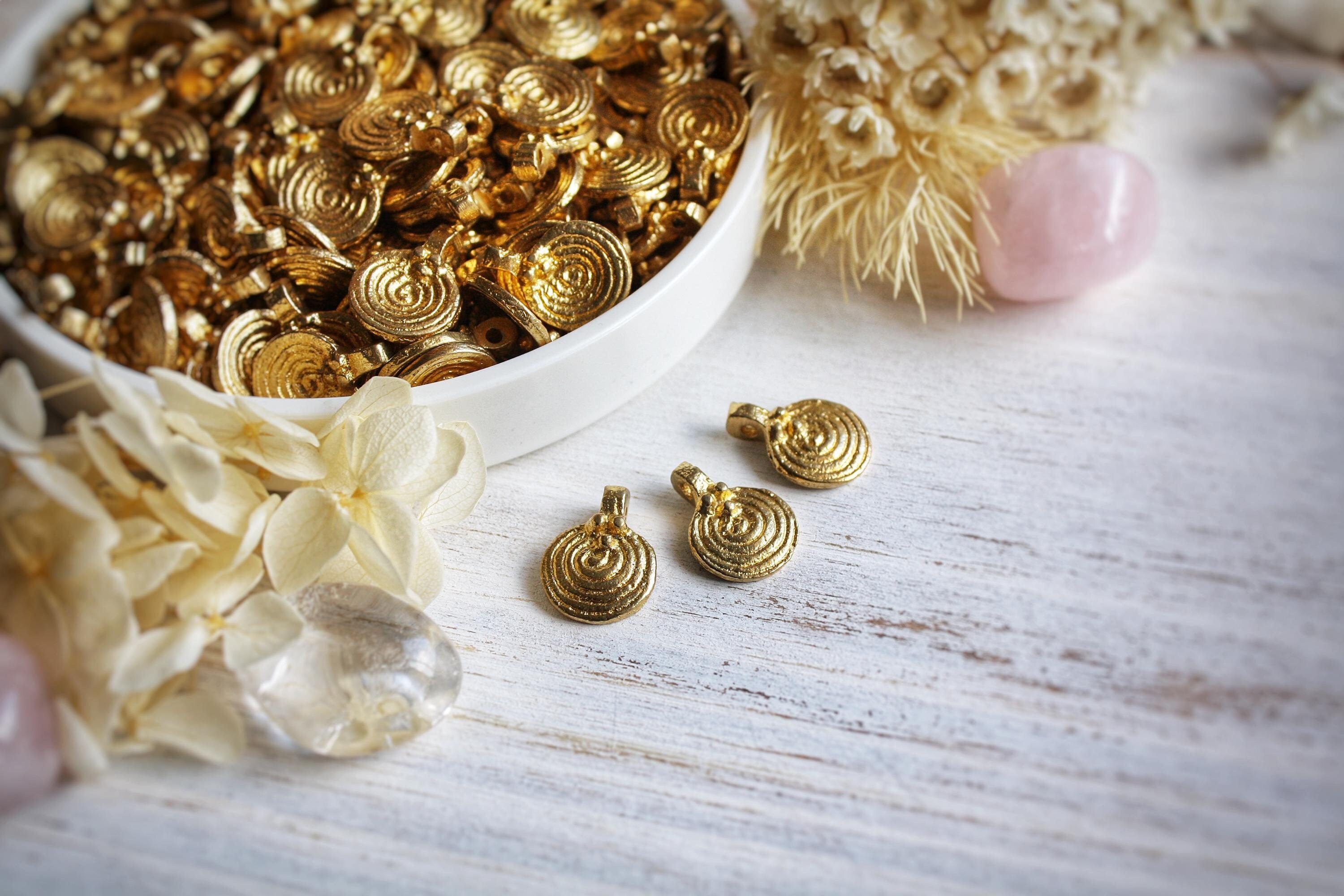 16mm Raw Brass Round Pendant, Spiral charm, golden brass charms for making macrame jewelry, tribal pendants, boho charms, DIY charms, ethnic