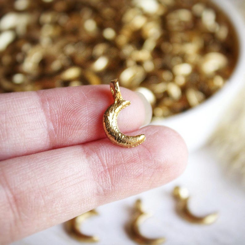 16mm Crescent Moon Raw Brass Pendant • K A L A · Handmade Brass Charm from India for Micro Macramé Jewelry Making · Boho Ethnic Style #16 image 3