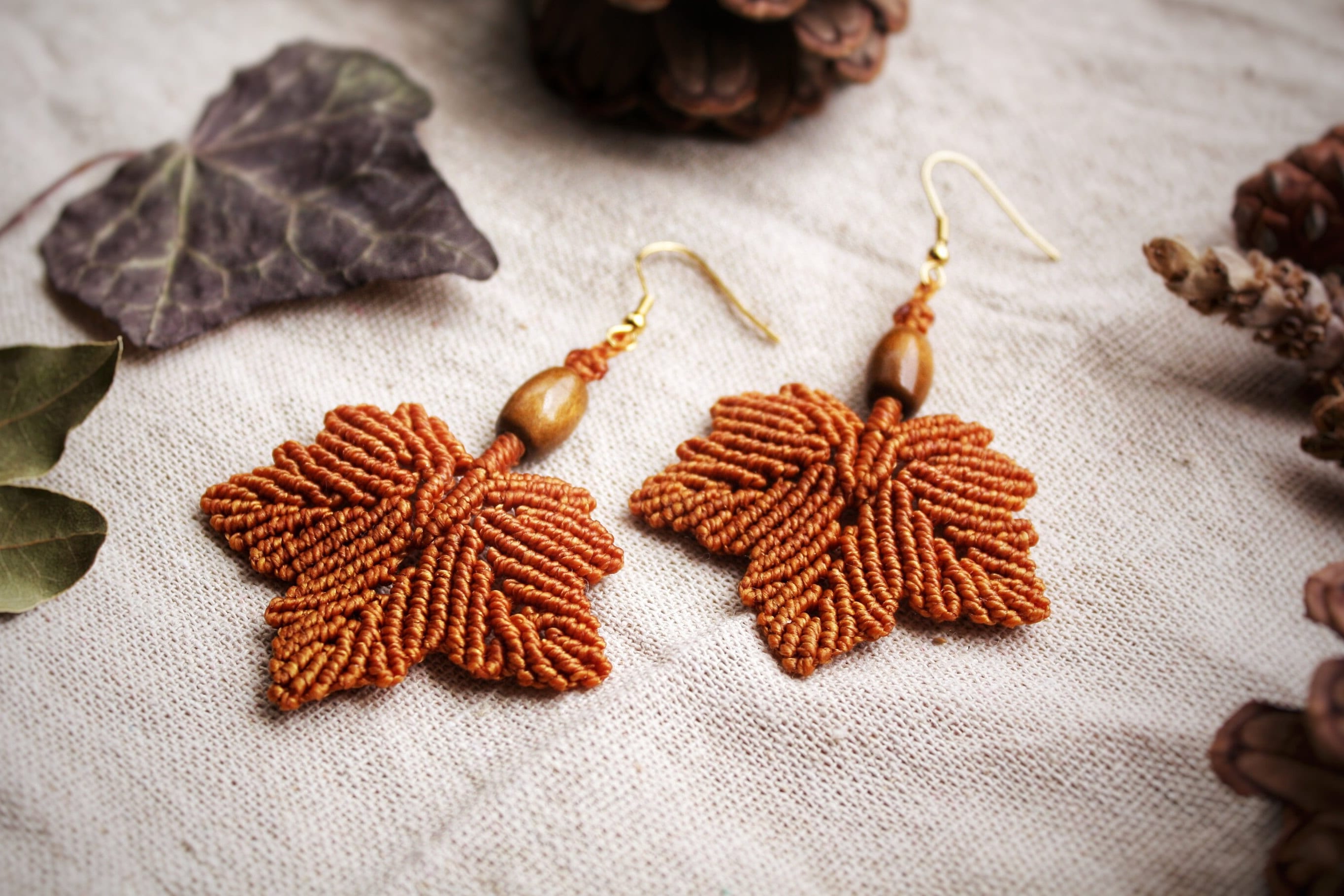 Macrame Earrings in the Shape of Maple Leaf, Autumn Leaf