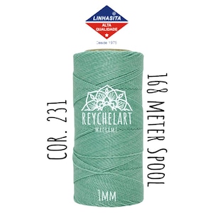 May include: A spool of 1 mm thick, light green macrame cord. The spool contains 168 meters of cord and is labeled "COR: 231" and "REYCHELART MACRAME".