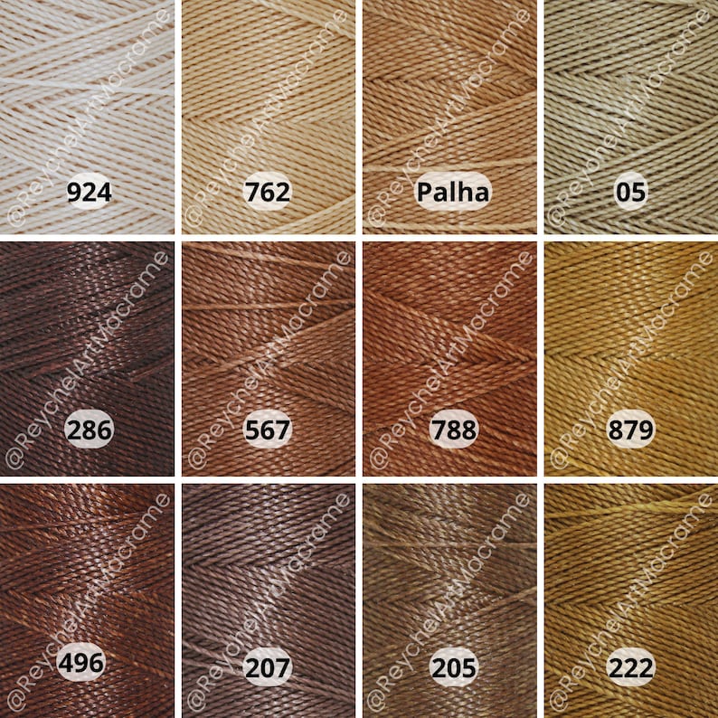 May include: A close-up view of 12 spools of cord in various shades of brown, beige, and tan. The spools are labeled with numbers, including 924, 762, Palha, 05, 286, 567, 788, 879, 496, 207, 205, and 222.