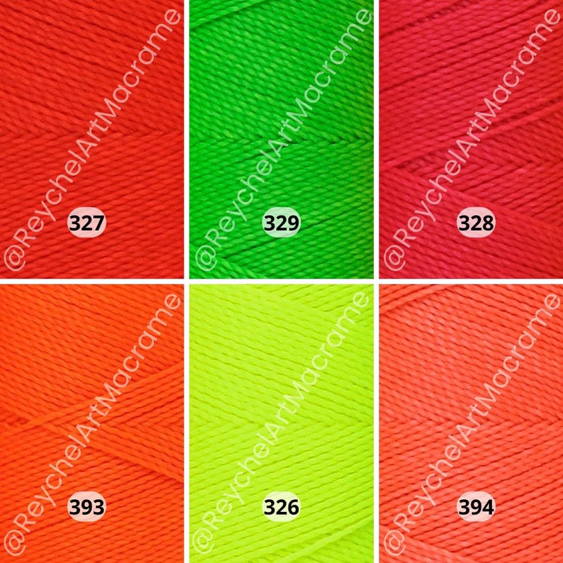 May include: Six spools of neon colored cord, three red and three green. The spools are labeled with numbers 327, 328, 329, 326, 393, and 394.  @ReychelArtMacrame is printed on each spool.