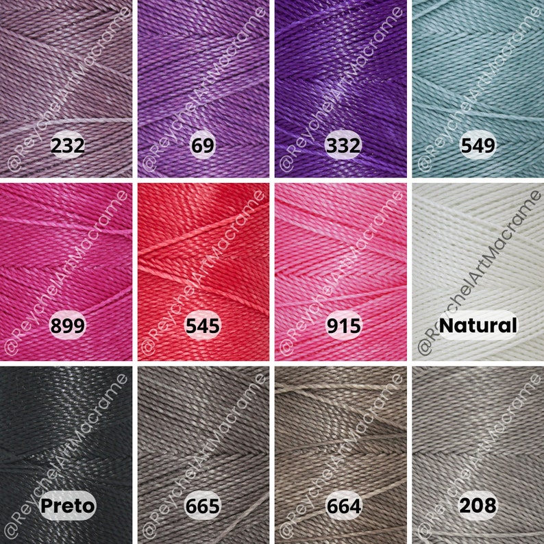 May include: A collection of 10 spools of macrame cord in various colors, including natural, grey, black, pink, red, purple, and blue. Each spool is labeled with a number.