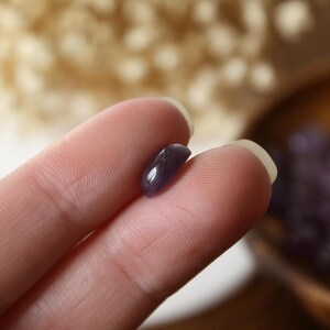 以下が含まれることがあります： 2 本の指の間に挟まれた、研磨された濃い紫色の宝石。石は滑らかで丸みを帯びた形で、光を反射してその深い色を示しています。背景はぼやけており、他のオブジェクトのヒントがあります。