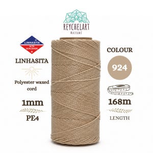 Bobina 168m Hilo Encerado Linhasita 1mm color Crema, Cordón de Macramé, hilo macramé, tejer, Beige claro, poliéster, hilo pulseras, PE4-924
