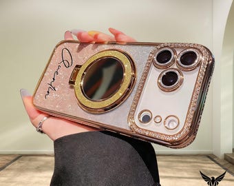 Glitter Rhinestone Name Personalization Case For iPhone 17 Pro Max Air Plus 16 15 14 13, Unique Mirror Bracket Lens Protection iPhone Case