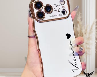 Custom Name Personalization Heart Symbol Initials Case For iPhone 17 Pro Max Plus 16 15 14 13, Cute Lens Protection Wave Bumper iPhone Case