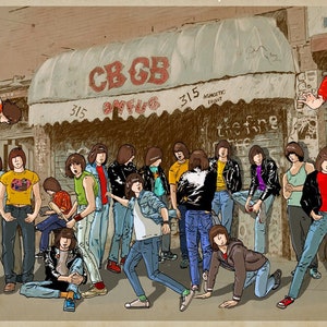 Puede incluir: Una ilustración vintage de un grupo de personas de pie frente a un edificio con las palabras "CBGB OMFUG" escritas en él. Las personas visten ropa de los años 70 y 80, incluyendo chaquetas de cuero, jeans y camisetas de bandas.