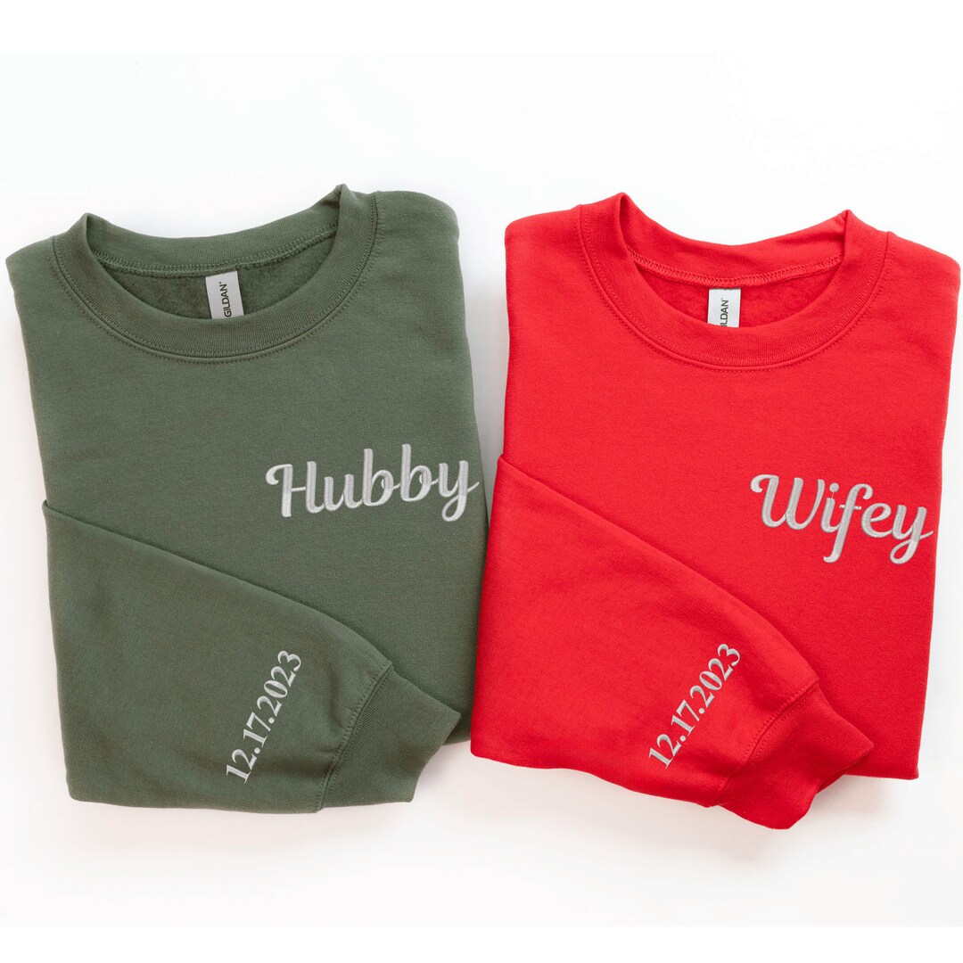 Wifey and Hubby Sweater, Date on Sleeve, Custom Embroidered Sweater, Personalized Embroidery