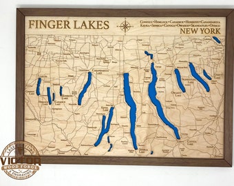 New York Finger Lakes Laser Engraved Layered Map | Finger Lakes Gifts | Lake Maps
