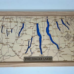 Bathymetric Finger Lakes Laser Engraved Wood Map | Finger Lakes Gifts | Finger Lakes Maps