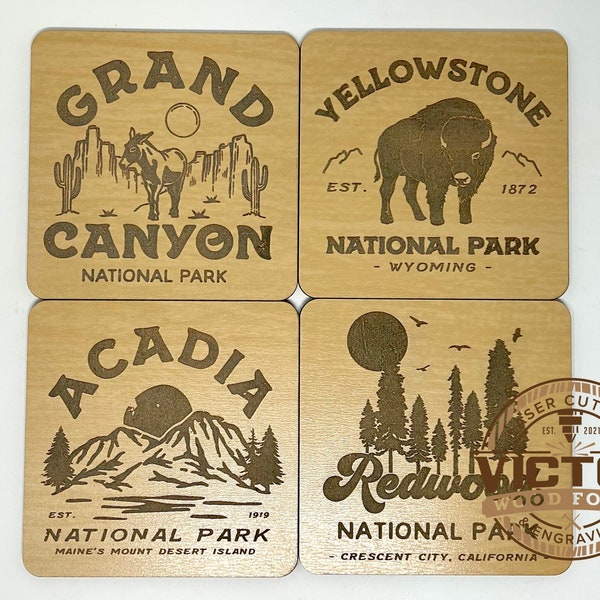 US National Parks Premium Laser Engraved Coasters with Cork Bottom| National Parks Gifts | Hiking Gifts