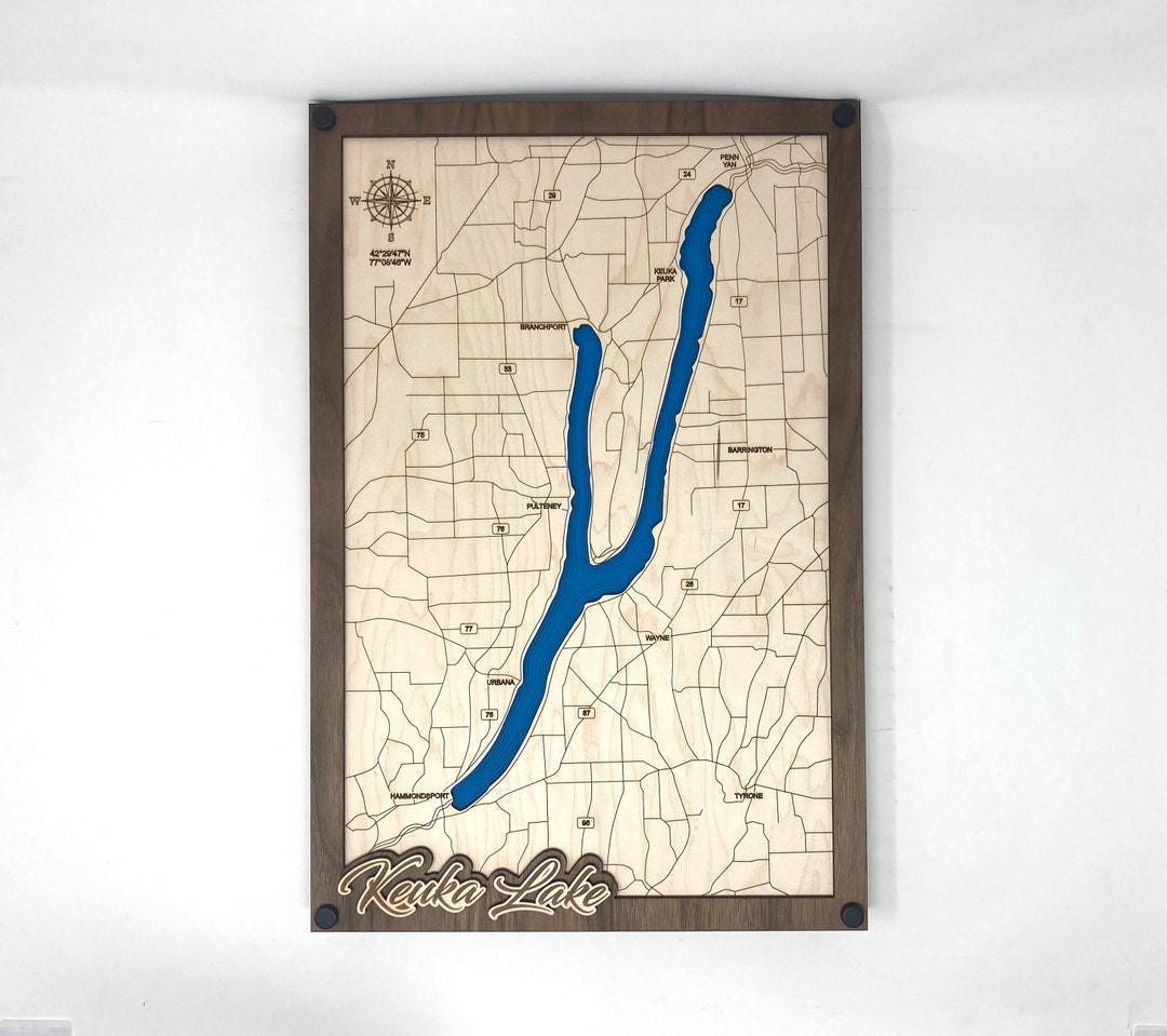 New York Finger Lakes Laser Engraved Bathymetric Layered Map Keuka Lake