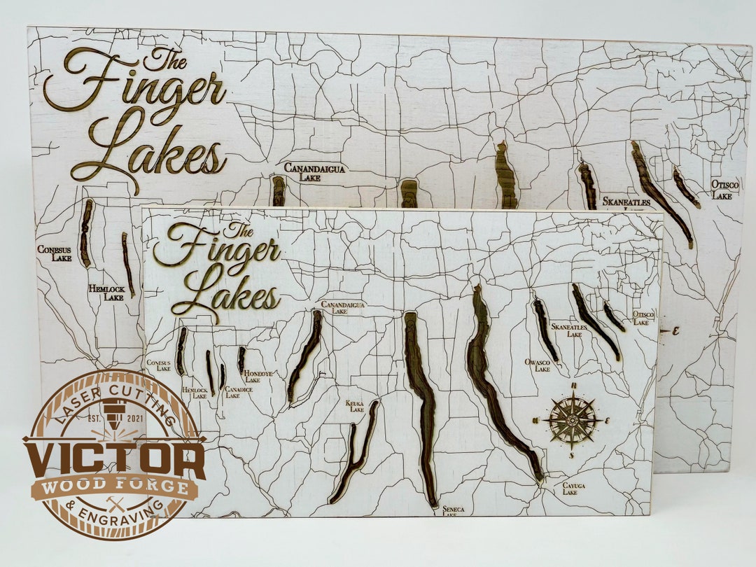 New York Finger Lakes Laser Engraved Painted Whitewashed Pine Map