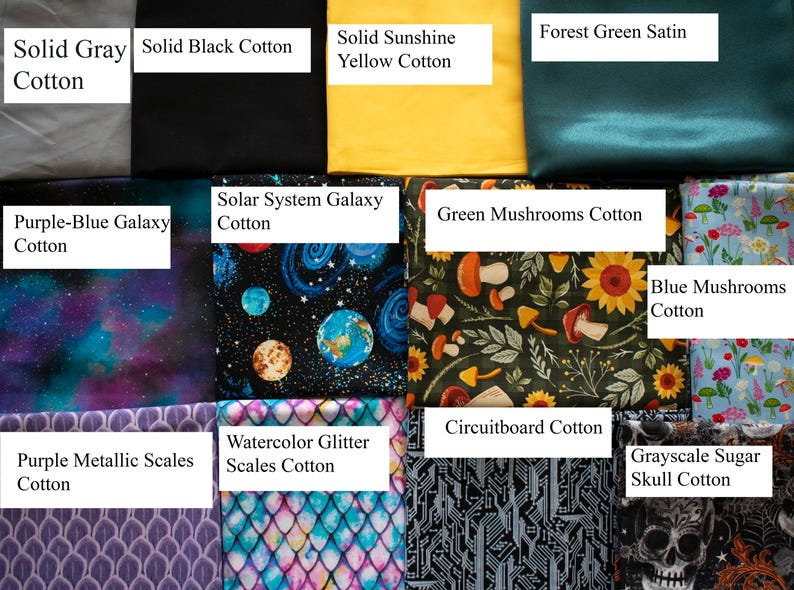 May include: A collection of fabric swatches in various colors and patterns. Includes solid gray, black, and yellow cotton, along with galaxy, mushroom, and circuit board designs. Other fabrics feature metallic scales, and a sugar skull print.