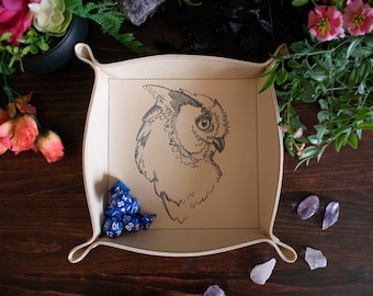 Embroidered Owl Dice Tray: Synthetic Leather TTRPG Tray