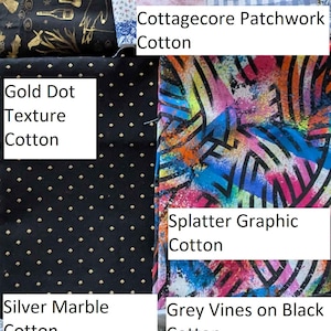 May include: A collection of cotton fabrics with various patterns. Includes "Golden Halloween Cotton" with gold designs, "Cottagecore Patchwork Cotton", "Gold Dot Texture Cotton", "Splatter Graphic Cotton", "Silver Marble Cotton", and "Grey Vines on Black Cotton".