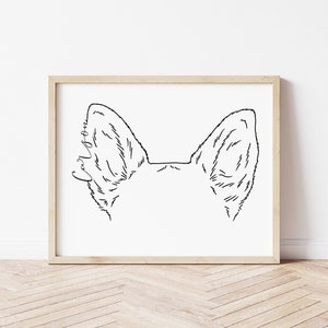 Contorno de oreja de mascota con nombre - Regalo de arte lineal para dueños de mascotas - Tatuaje de oreja de perro - Arte conmemorativo de retrato de mascota - Ilustración a partir de una foto