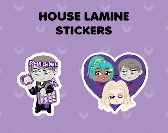 May include: Two stickers on a light purple background with the text HOUSE LAMINE STICKERS. One sticker shows a character with gray hair holding a small fan and a bag. The other sticker is a heart shape featuring three illustrated character heads.