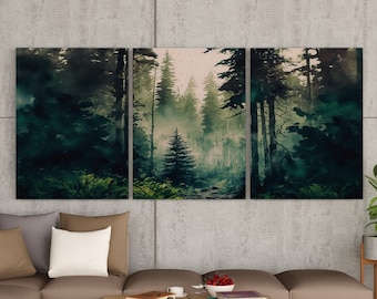 Watercolor Dense Forest Landscape Printable. Printable Wall Art. Set of 3 Prints. Green Forest Trees Painting. Nature Decor. Forest Art