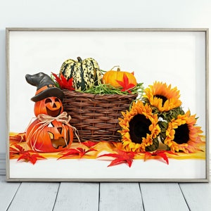 Printable Halloween Decor. Autumn Pumpkin Harvest Halloween Decoration with Sunflowers. Instant Download Print. Halloween Poster. Fall Art