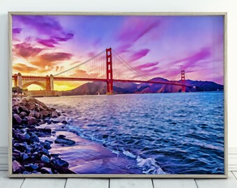 Golden Gate Bridge Print, San Francisco Wall Art. Colorful California Painting Poster. Architectural Wall Decor. Golden Gate Photo