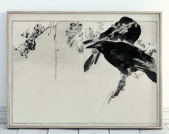 日本画 枝にとまるカラス ヴィンテージウォールアート 印刷用ポスター