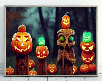 Halloween Printable Wall Art. Wooden Totems & Jack-O'-Lanterns Scary Halloween Decor. Spooky Art Halloween Poster. Instant Download Print