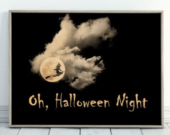 Halloween Nacht ART PRINT druckbare Kunst. Halloween Kunstdruck mit Hexe & Vollmond. Gruseliges Halloween Poster. Sofortiger Download-Druck