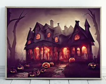 Spooky Haunted House Halloween Print. Halloween PRINTABLE Wall Art. Scary Halloween Painting. Instant Download Art Print. Fall Decor