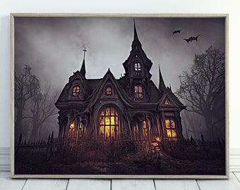 Dark Gothic Scary Haunted Mansion Print. Halloween PRINTABLE Wall Art. Horror Halloween Painting. Instant Download Art Print. Fall Decor