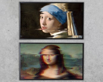 Samsung Frame TV Art 4K Altered Paintings Set of 2. Girl with Pearl Earring & Mona Lisa Altered Classic Paintings. Glitch Art for Frame TV