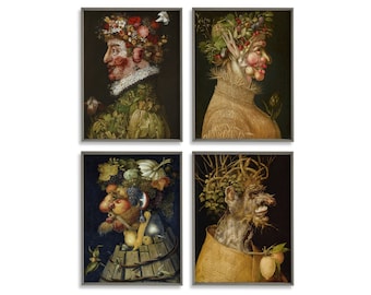 The Seasons by Giuseppe Arcimboldo. Vintage Paintings Representing The seasons with Fruits, Flowers & Vegetables. Colorful Botanical Art
