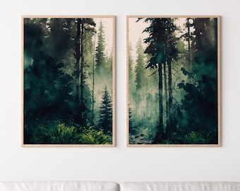 Watercolor Dense Forest Landscape Printable. Printable Wall Art. Set of 2 Prints. Green Forest Trees Painting. Nature Decor. Forest Art