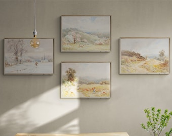 Vintage Landscape Paintings Set of 4 Prints. Seasons Gallery Wall Set. Country Soft Colors Watercolor Paintings. Farmhouse Country Art Print