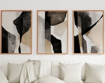 Set of 3 Art Prints. Black and White Minimalist Abstract Poster Set. Neutral Gallery Wall. Black & Beige Wall Art. Contemporary Modern Art.